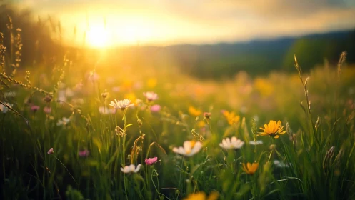 Wildflower sunrise meadow glowing in soft golden dreamlight.