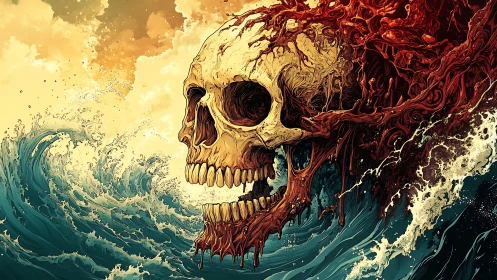 Tidal skull rises as molten roots unravel across the sea