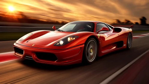 Scarlet supercar cuts through a racetrack at blazing sunset speed