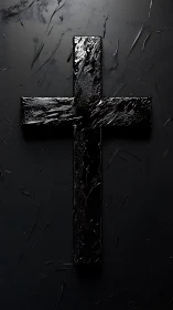 Glossy black cruciform sculpture on textured matte black ground