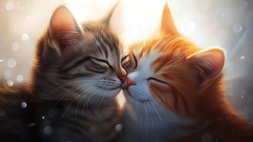 Two Felines Engaging in Affectionate Contact with Golden Hour Luminescence.