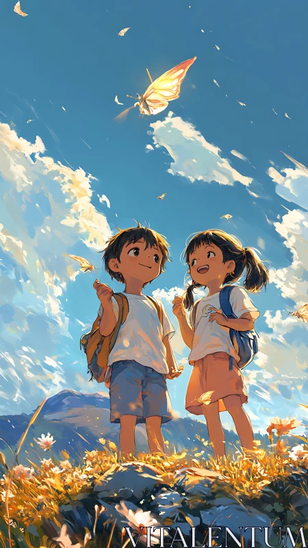 Two children watch glowing butterfly over sunny hillside.