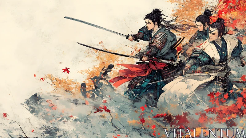 Samurai sprint through painted storms and burning autumn leaves