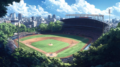 Anime stadium panorama with urban skyline and lush framing.