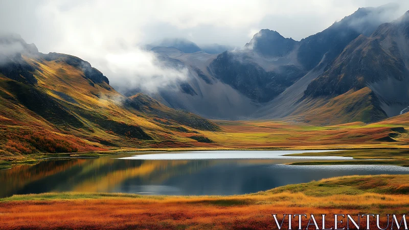 Mountain basin lake with mist, autumn tundra and ridges.