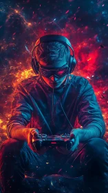 Focused gamer holding controller in neon cosmic flames.
