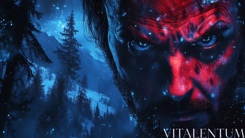 Intense red lit face dominates icy blue forest night scene