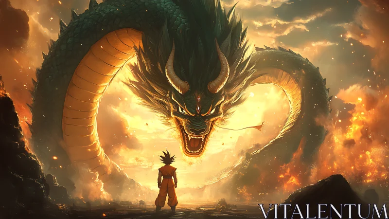 Fiery sky unfolds as a brave hero meets a roaring dragon