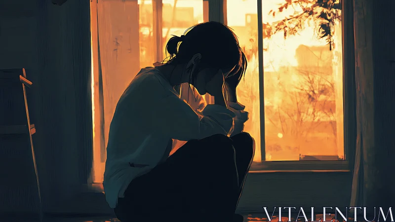 Solitary girl in sunset-lit room, quiet reflective mood.