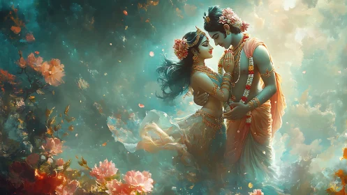 Divine Couple Among Celestial Flowers in Golden Light