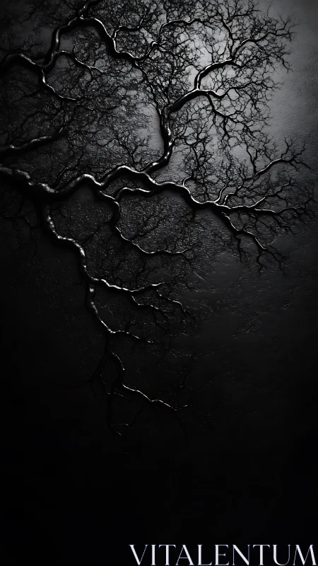 Monochrome branching structure on dark textured surface.