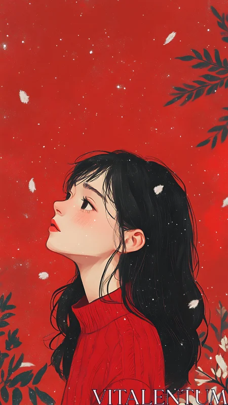 Girl in red sweater dreaming beneath drifting winter petals.
