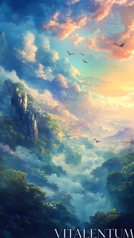 Luminous mist valley under radiant sunrise with soaring birds