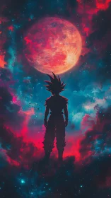 Cosmic warrior silhouette under crimson celestial moon.