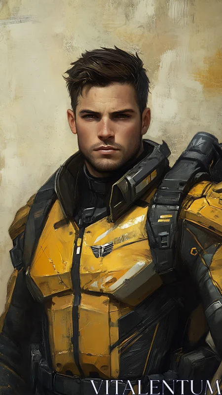 Confident space guardian in bold yellow armored uniform.
