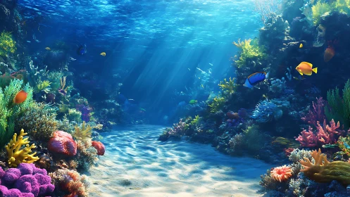 Sunlit coral canyon hums softly with neon drifting fish