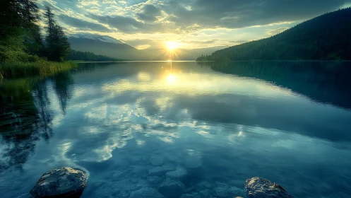 Sunrise spell over glassy mountain lake and quiet pines.