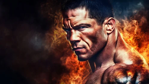 Intense muscular warrior framed by erupting firestorm glow.