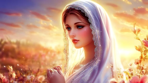 Digital painting portrait with luminous floral sunrise field.