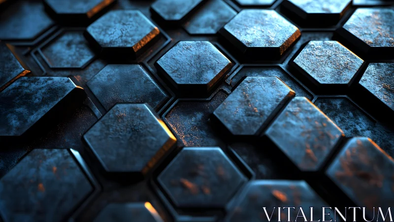 Metallic Hexagonal Tiles with Industrial Texture in Blue Lighting.