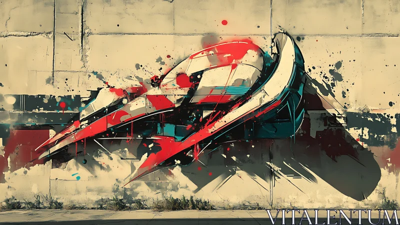 Abstract 3D graffiti sculpture slices through weathered wall