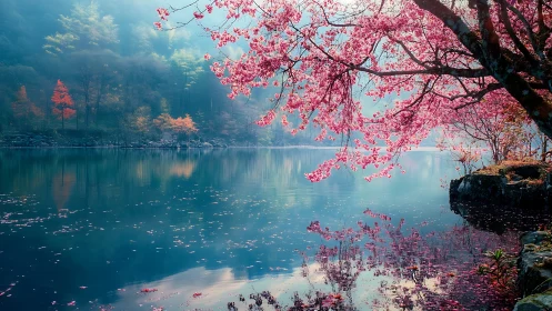 Misty lakeside cherry blossoms with reflective turquoise water.