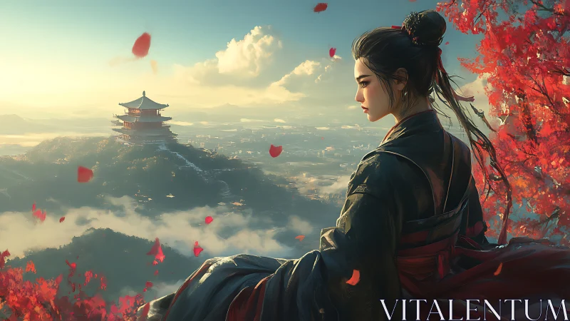 Solitary woman overlooking distant pagoda at sunrise.