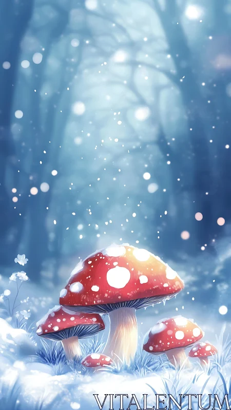Digital painting of snowlit toadstools in a misted winter forest.