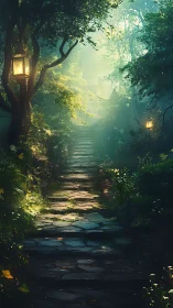 Enchanted Forest Path with Glowing Lanterns and Misty Atmosphere
