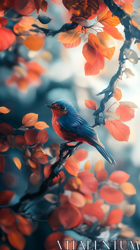 Crimson songbird pauses mid-dream among ember-bright leaves