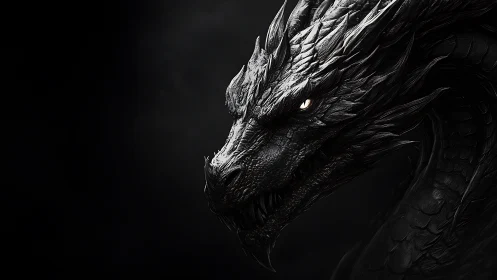 Dark-scaled dragon portrait in harsh side lighting.