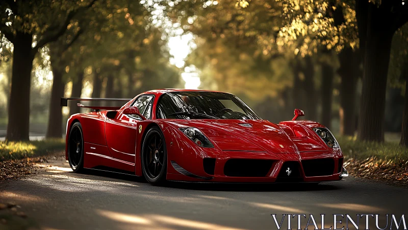 Scarlet supercar glows under golden trees on a quiet road