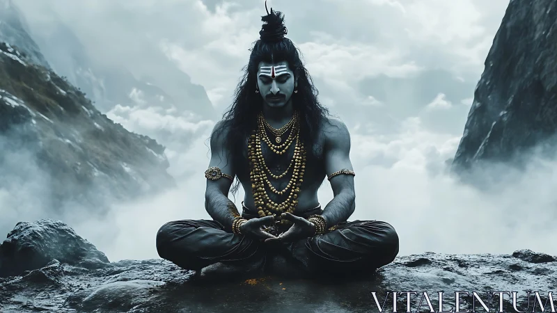 Mystic mountain meditator wrapped in stormy quiet power.