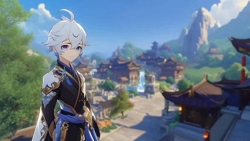 White haired anime hero in ornate robe before mountain city