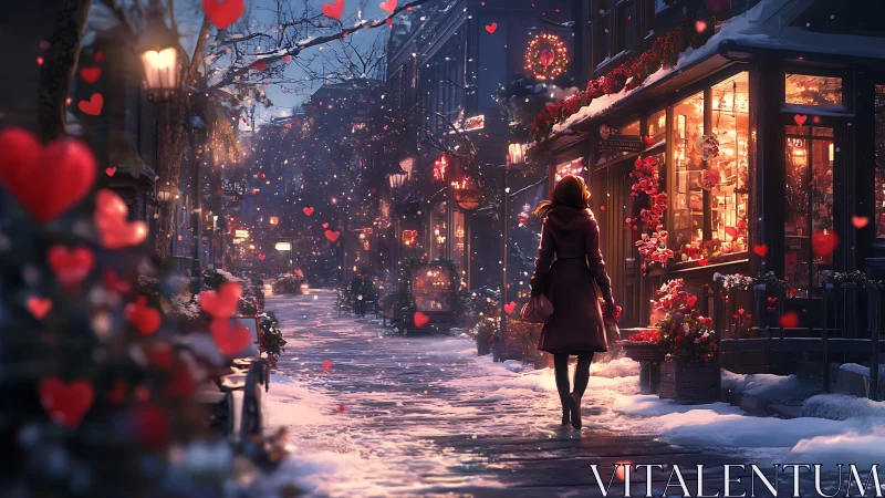 Romantic winter street glows with warm shop lights and hearts.