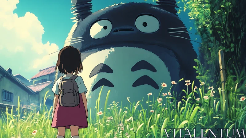 Child facing large forest creature in rural overgrown meadow.