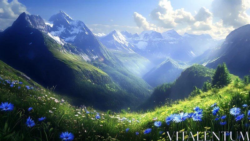 Luminous alpine valley with wildflower meadow and snow peaks.