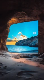 Coastal seascape framed by cave opening with window motif.