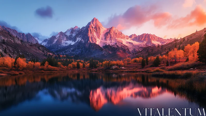 Sunlit crimson peaks mirrored in a calm alpine dreamlake.