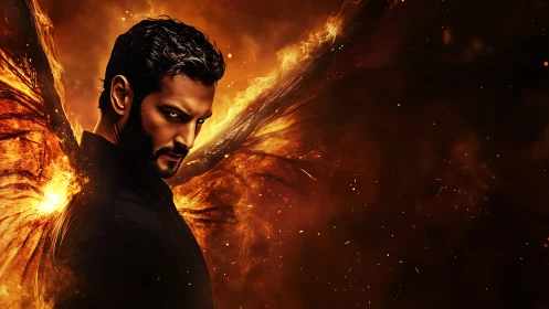 Demonic figure with fiery wings rendered in cinematic digital art
