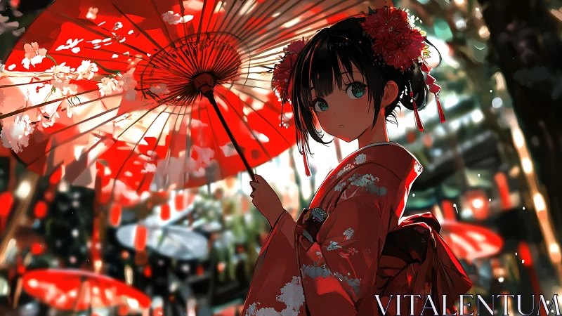 Anime festival portrait with red wagasa and lantern bokeh focus.