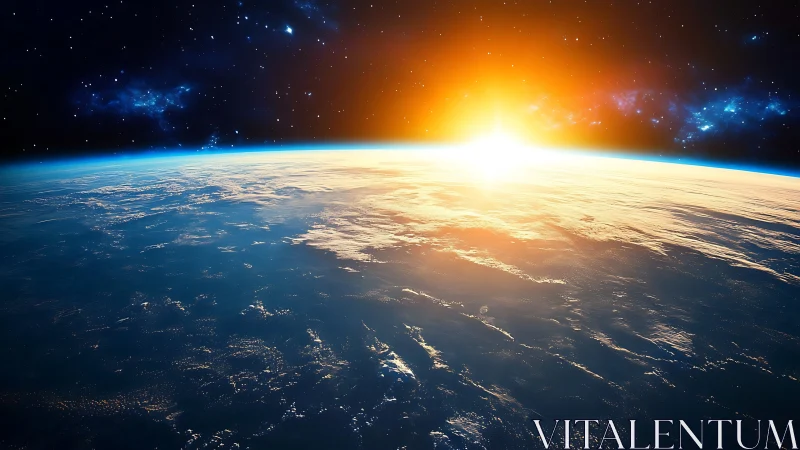 Low-orbit sunrise over Earth with detailed cloud cover and lens flare