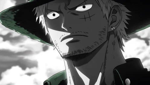 Weathered outlaw swordsman under storm-bright skies.