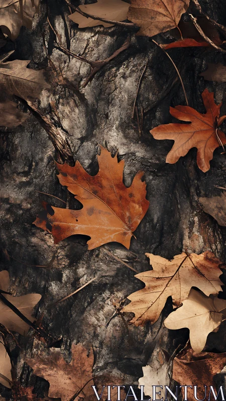 Fallen oak leaves rest quietly on rugged tree bark surface.