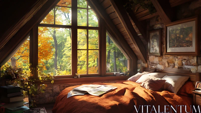 Cozy attic bedroom wrapped in warm autumn window light.