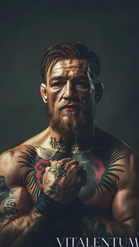 Tattooed fighter holds clenched fist under dramatic light
