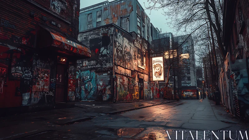 Moody graffiti alleyway glowing with wet neon reflections.