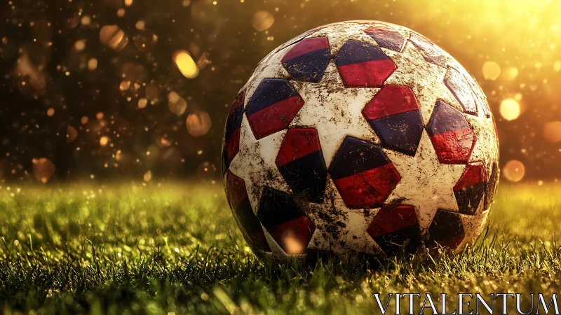 Weathered football on grass illuminated by golden backlight