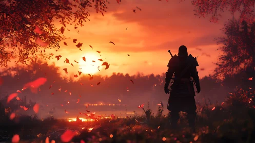 Lone armored warrior faces fiery sunset over quiet lake.