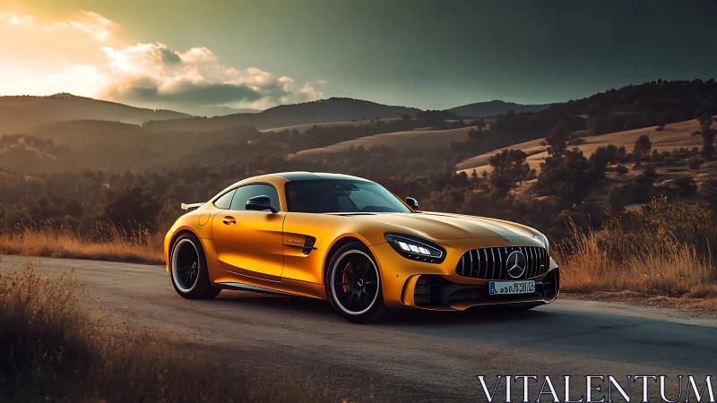 Golden Mercedes sports coupe on rural mountain road.